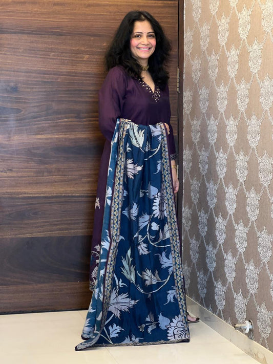 Wine-Teal Color Pure Muslin Dupatta Set