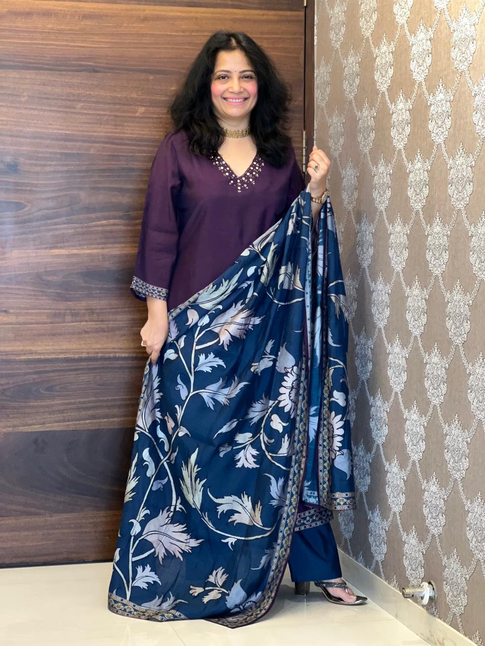 Wine-Teal Color Pure Muslin Dupatta Set